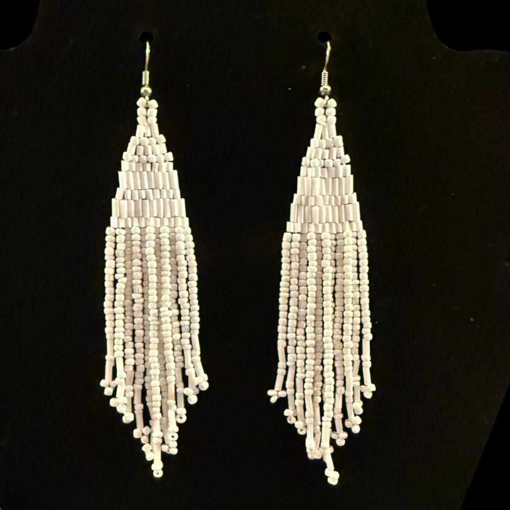 Long White Handmade Beaded Earrings.